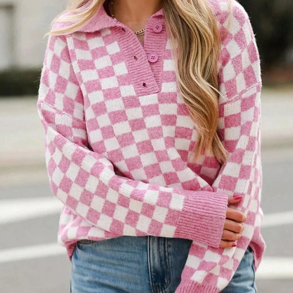 Sweaters - Pink Casual Women's Checkered Buttons Collar V Neck Drop Shoulder Sweater
